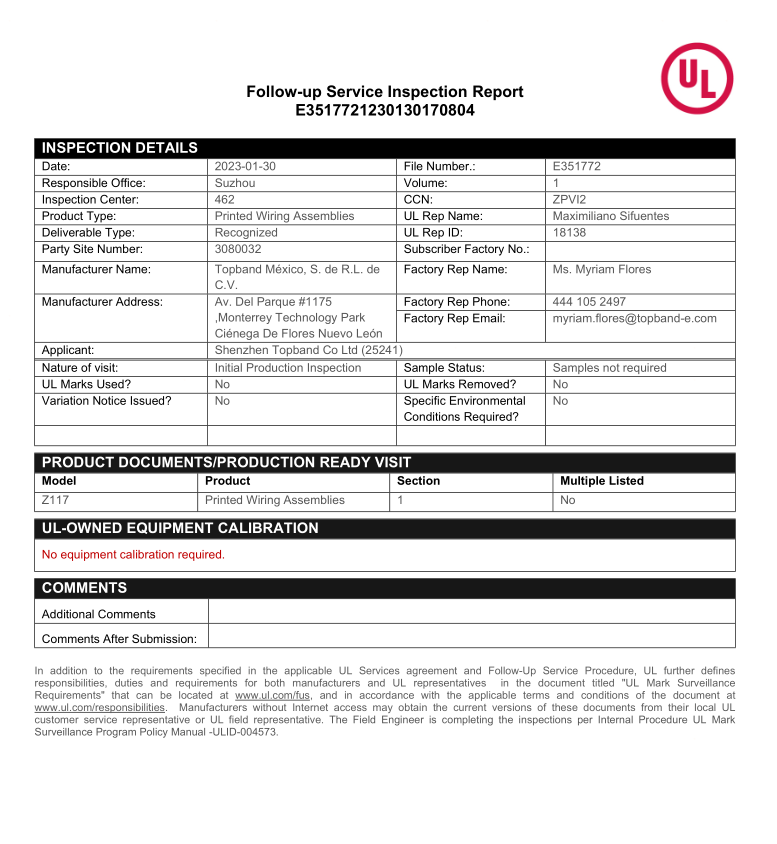 Topband Mexico factory products successfully passed UL certification